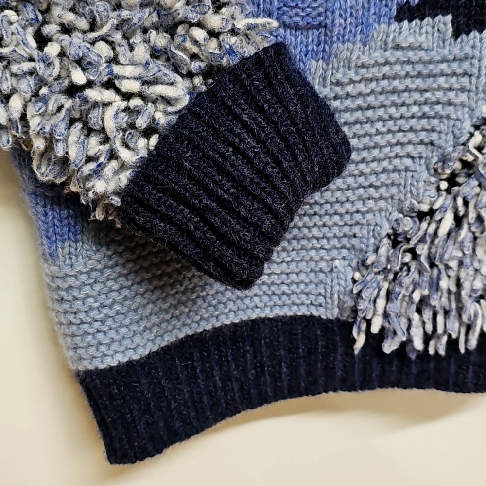Escada Shaggy Cowl Neck Chunky Knit Pale Blue & Navy Abstract Sweater Wool Blend - Picture 3 of 12
